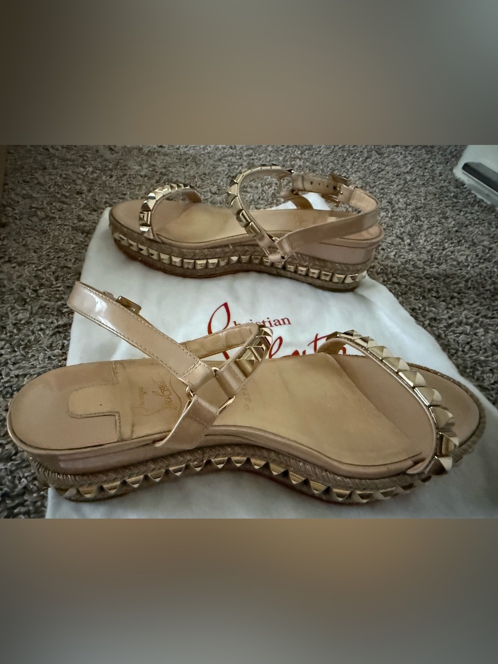 Christian Louboutin Nude Patent Leather Studded Espadrille Sandals 38 - Picture 5 of 10